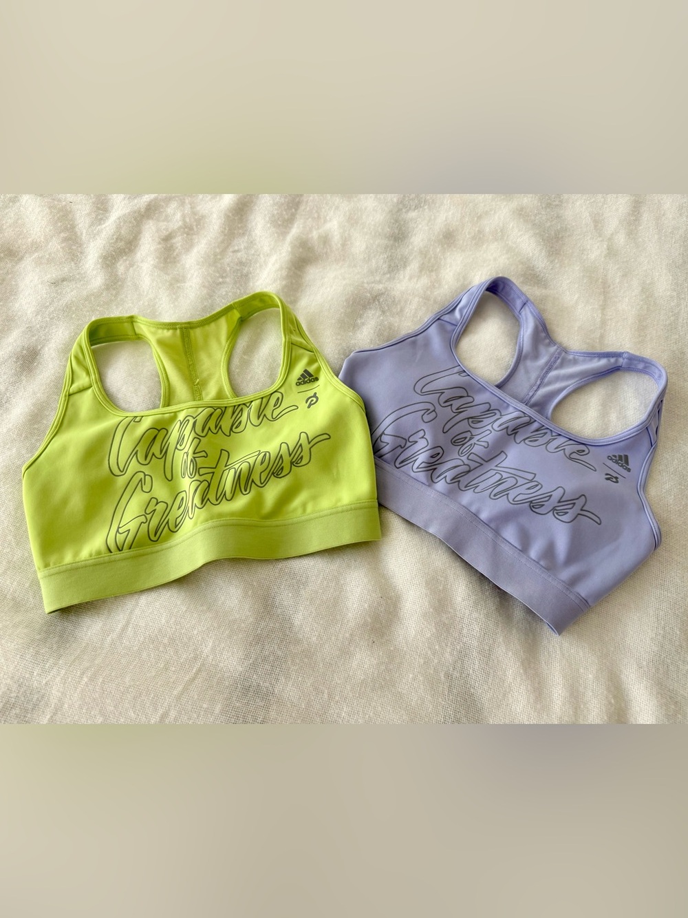 Peloton Lime Green and Lavender Sports Bras / Adidas collaboration